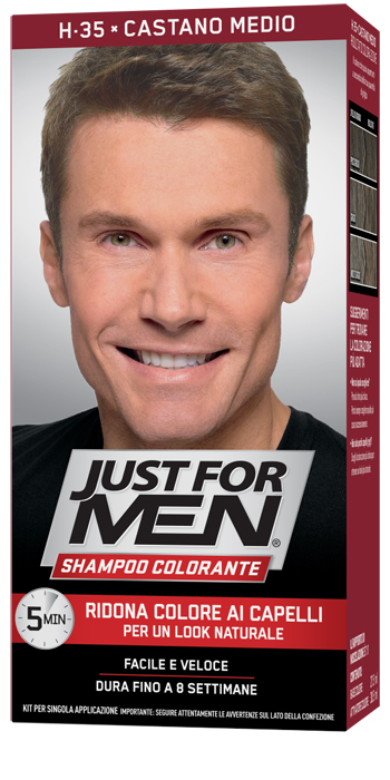 JUST FOR MEN SHAMPOO COLORANTE H35 CASTANO MEDIO ATTIVATORE CHIARO 38,5 ML + BASE COLORE 27,5 ML - Farmacia Bartoli