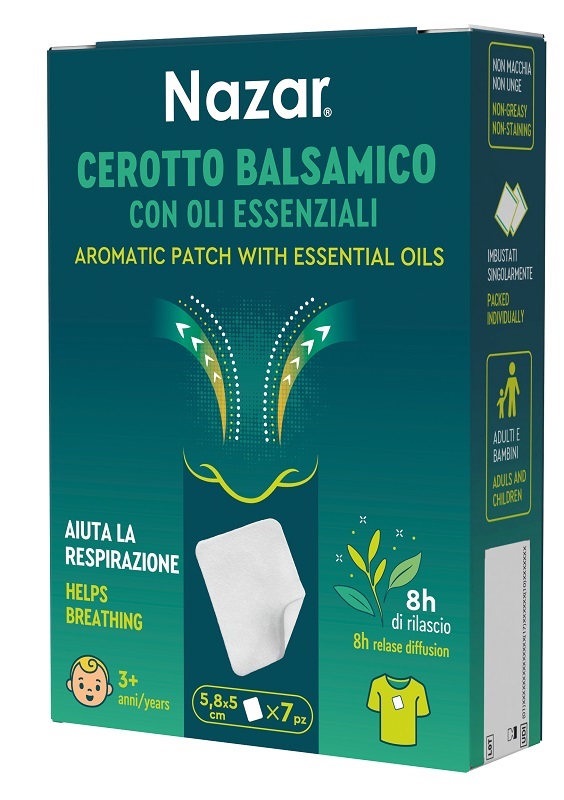 NAZAR CEROTTO BALSAMICO ADESIVO CON OLI ESSENZIALI 5,8X5 CM 7 PEZZI - Farmacia Bartoli