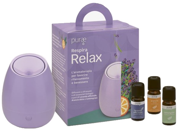PURAE RESPIRA RELAX KIT CON DIFFUSORE A ULTRASUONI E 3 OLI ESSENZIALI BIOLOGICI E PURI DI LAVANDA OFFICINALE, ARANCIO DOLCE E LEMONGRASS - Farmacia Bartoli