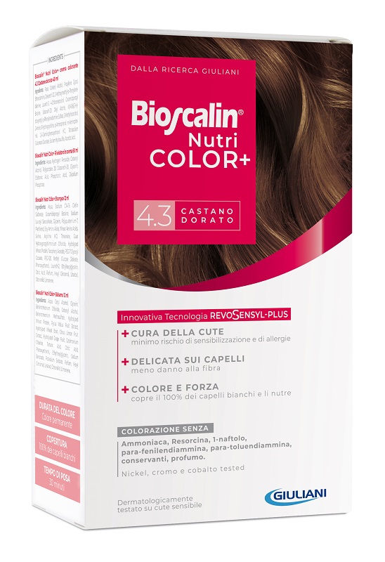 BIOSCALIN NUTRICOLOR PLUS 4,3 CASTANO DORATO CREMA COLORANTE 40 ML + RIVELATORE CREMA 60 ML + SHAMPOO 12 ML + TRATTAMENTO FINALE BALSAMO 12 ML - Farmacia Bartoli