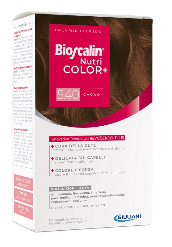 BIOSCALIN NUTRICOLOR PLUS 5,40 CACAO CREMA COLORANTE 40 ML + RIVELATORE CREMA 60 ML + SHAMPOO 12 ML + TRATTAMENTO FINALE BALSAMO 12 ML - Farmacia Bartoli