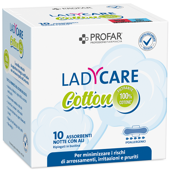 LADYCARE ASSORBENTI COTTON IPOALLERGENICI NOTTE CON ALI 10 PEZZI PROFAR - Farmacia Bartoli