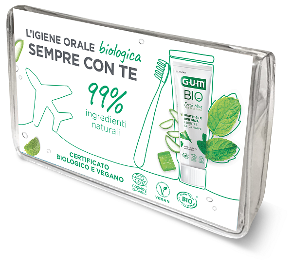 GUM TRAVEL KIT BIO 1 SPAZZOLINO + 1 DENTIFRICIO +  1 SCOVOLINO INTERDENTALE - Farmacia Bartoli