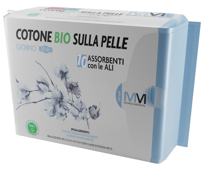 MUNUS MEDICAL ASSORBENTE GIORNO CON ALI COTONE BIO SULLA PELLE 245 MM 10 PEZZI - Farmacia Bartoli