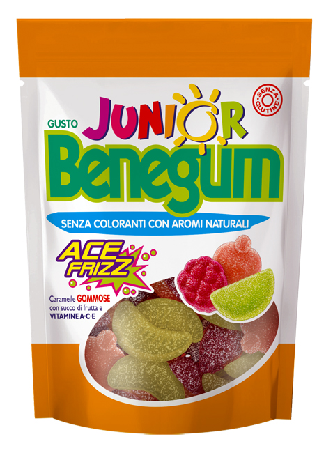 BENEGUM JUNIOR ACE FRIZZ CARAMELLE GOMMOSE CON SUCCO DI FRUTTA E VITAMINE A C E 90 G - Farmacia Bartoli
