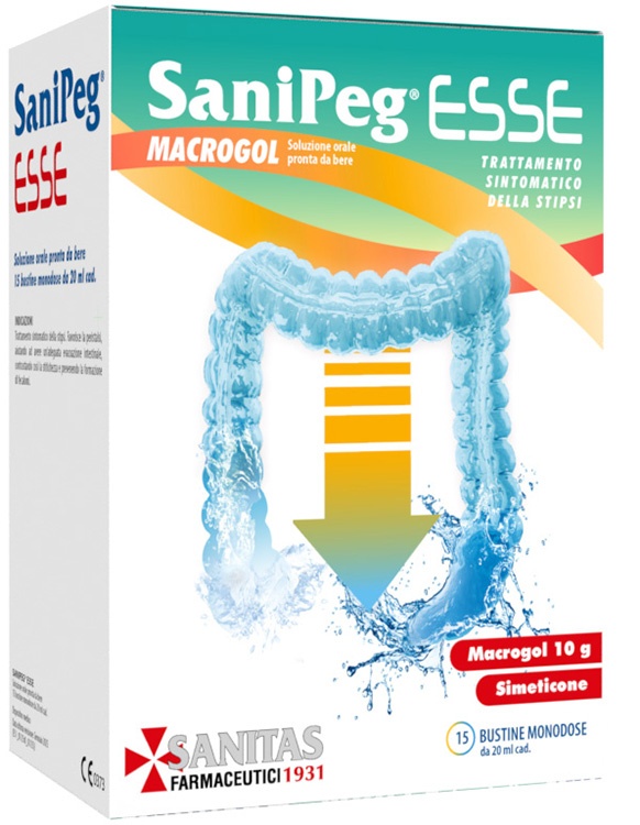 SANIPEG ESSE MACROGOL SOLUZIONE ORALE PRONTO DA BERE 15 BUSTINE MONODOSE DA 20 ML - Farmacia Bartoli
