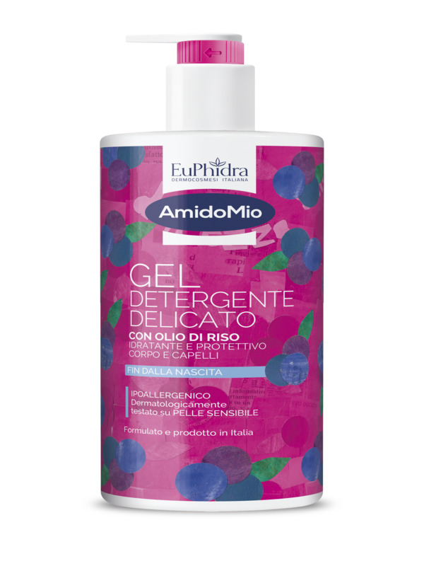 AMIDOMIO GEL DETERGENTE DELICATO CON OLIO DI RISO IDRATANTE E PROTETTIVO CORPO E CAPELLI FIN DALLA NASCITA IPOALLERGENICO 750 ML - Farmacia Bartoli